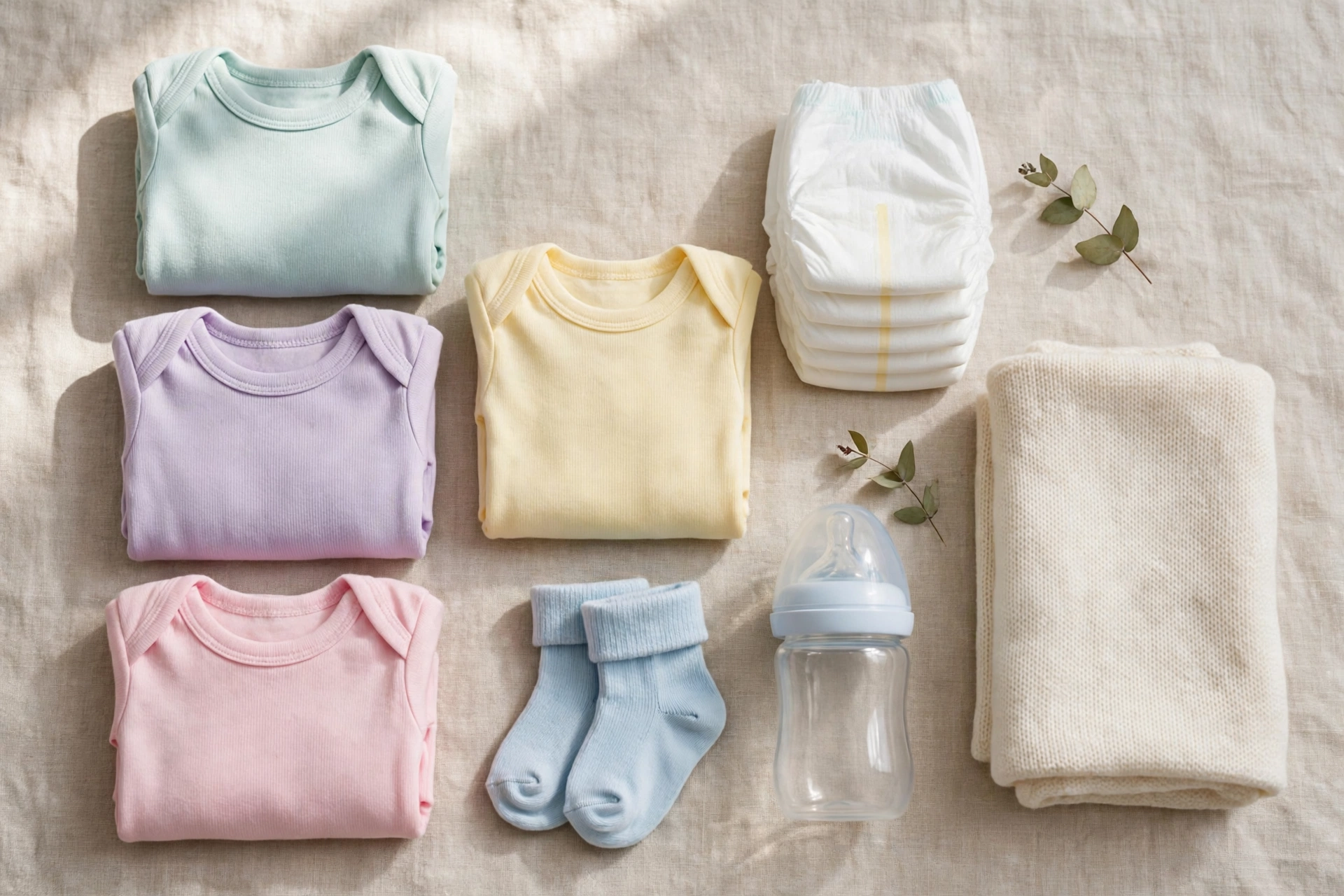 Enxoval do bebê: roupas de bebê dobradas, fraldas e itens da lista completa de enxoval